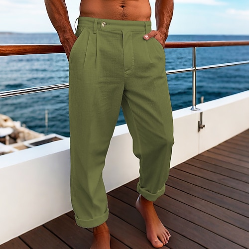 Herren Leinenhosen Hose Sommerhose Strandhose Tasche Einfach Komfort Atmungsaktiv Urlaub Täglich Ferien Hawaiianisch Boho Kurkuma Schwarz Image
