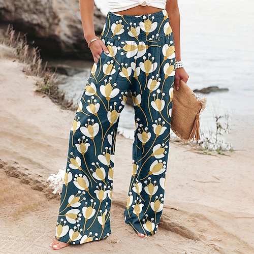 Damen Kunstbaumwollleinen Weites Bein Stoffhosen Streetwear Lässig Volle Länge Natürliche Taille Blumen Tasche Drucken Bequem Außenbereich Outdoor Urlaub Straße Rot orange Waldgrün Dunkelblau Image