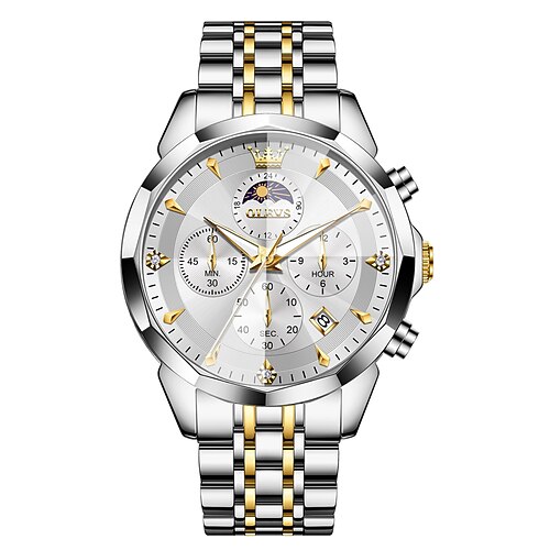 Olevs 3673 Herrenuhren Rhombus Zifferblatt Mondphase Zeiger Uhr massiver Edelstahl wasserdicht Datum Armbanduhr Image