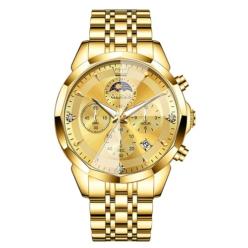 Olevs 3673 Herrenuhren Rhombus Zifferblatt Mondphase Zeiger Uhr massiver Edelstahl wasserdicht Datum Armbanduhr