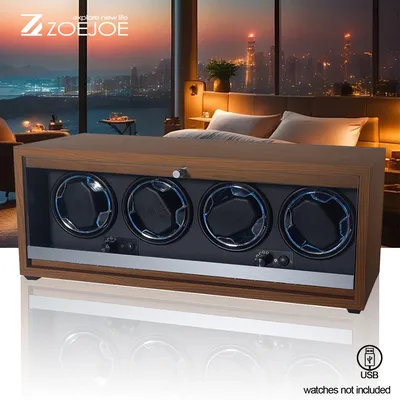 1pc ZOEJOE Automatic Black interior Watch Winder,Wooden 4 Slot Watch Box with Flexible Pillow and LED Atmosphere Lamp,