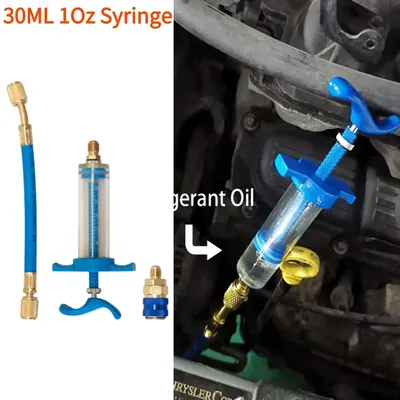 Car A/C Oil/Dye Injector 30Ml 1Oz with Low Side Quick Coupler Adapter 1/4 Air Conditioning Automotive Oiler Injection Syringe