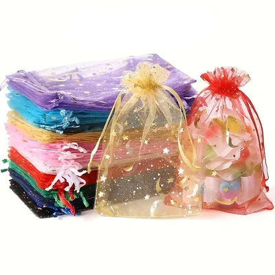 50pcs Moon Stars Organza Drawstring Gift Bags for Party Favors,Jewelry,Makeup,Candy,Ideal for Eid al Fitr Weddings Birthday
