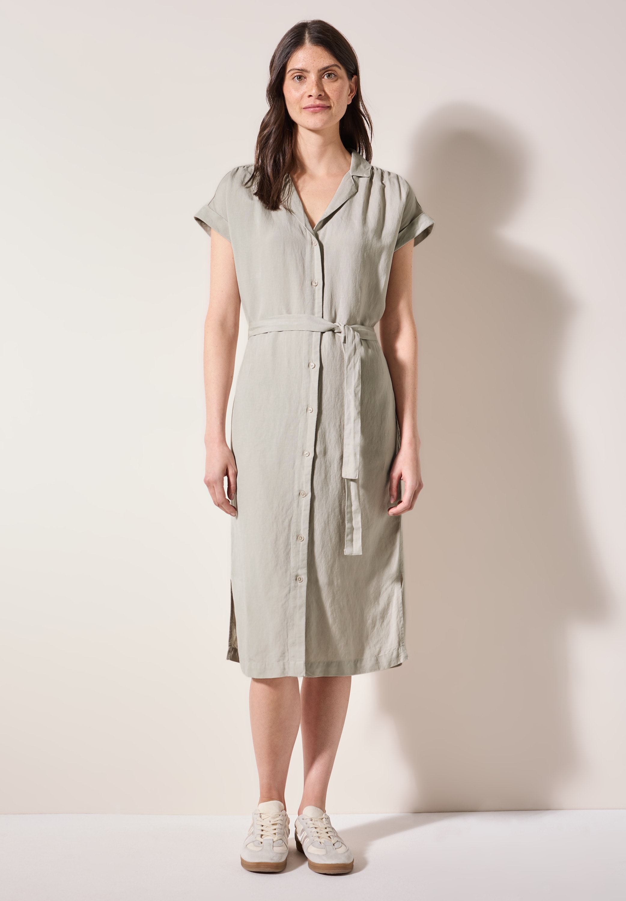 Sommerkleid CECIL, Damen, Gr. XXL (46), US-Größen, beige (pumice beige), Stoff, 55% Leinen, 45% Viskose, unifarben, Casual, gerade knielang, V-Ausschnitt, Bündchen, Kleider, mit seitlichen Einschubtaschen Image