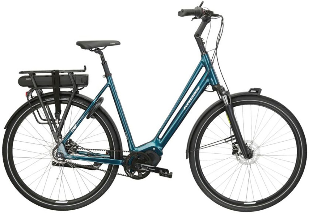 E-Bike KROSS "E-Citybike Sentio Hybrid 5.0 28 Zoll blau" Gr. 53, blau (blau, schwarz), Elektrofahrräder, 53cm, 28 Zoll (71,12cm), Pedelec, Elektrofahrrad für Damen und Herren Image
