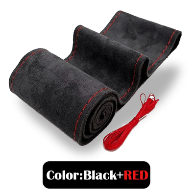 TEMU 1pc Handstitched Pu Fur Car Steering Wheel Cover - Black With Red Stitching, Non-slip, Sweat-absorbent, Use, No , Grip|stitched Detail| Fur Cover, Car Wheel Cover Image