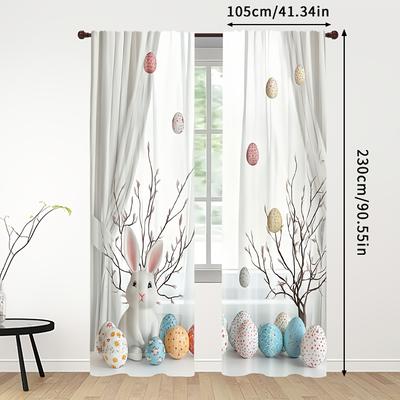 TEMU 2pcs Easter Bunny And Egg Design Curtains, Contemporary Polyester Light-filtering Drapes With Rod Pocket, Hand Washable, Woven Arts Theme For Bedroom & Living Room Decor Image