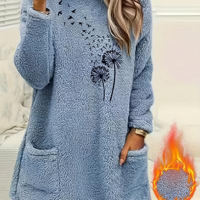 TEMU Women's Casual Dandelion Print Long Sleeve Pullover Sweatshirt, Crew Neck Polyester Knit Fabric With Pockets, Regular Fit For Fall/winter Image