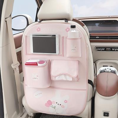 TEMU Adorable Bear & Rabbit Car Seat Organizer - Multi- Bag With Tissue Box, Cup Holder & Phone Slot - Vehicle Organization, Bear Car Accessories, Cartoon, Back Seat, Car Accessories Image