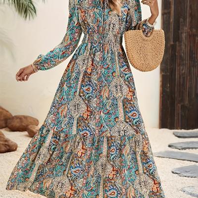 TEMU Paisley Print Tie Neck Dress, Elegant Long Sleeve Shirred Waist Ankle Length Dress, Women's Clothing Image