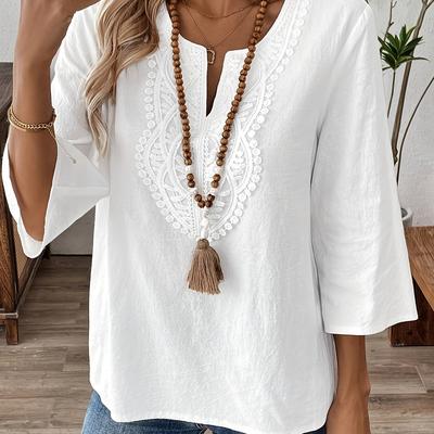 TEMU Women' Color V-neck Long Sleeve Simple Casual Shirt, Three-quarter Sleeve Top Image
