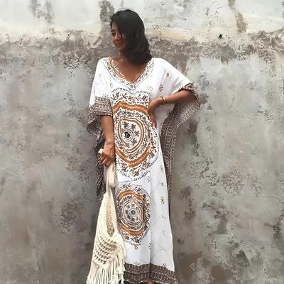 TEMU Plus Size Boho Kaftan Dress - 100% Viscose Geometric-patterned Long Cover-up With Stretch, Woven Fabric, Casual Beachwear With Split Detail Image