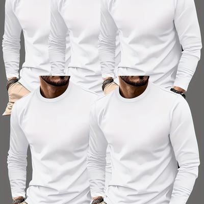 TEMU 5-pack Men's Casual Crew Neck Long Sleeve T-shirts - Polyester Knit Fabric With Stretch, Solid Color, Braided Detail, Regular Fit For Spring/summer Image