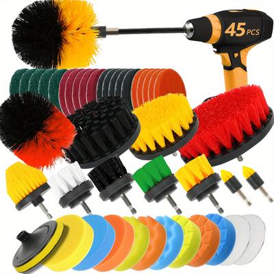 TEMU 45pcs/11pcs Drill Brush Accessory Set, Electric Cleaning Brush Set, With Brush, Sanding Pad, Sponge, Car Polishing Pad, Extension Accessory, Suitable For Bathroom Kitchen, Tiles, Sink, Car Image