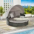 5 Pieces Outdoor Patio Round Daybed Furniture Wicker Conversation Set with Retractable Canopy and Soft Cushions Conveniently Washable Pool Round Bed for Patio Backyard and Porch Light Gray