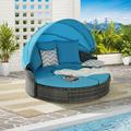 5 Pieces Outdoor Patio Round Daybed Furniture Wicker Conversation Set with Retractable Canopy and Soft Cushions Conveniently Washable Pool Round Bed for Patio Backyard and Porch Light Blue