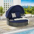5 Pieces Outdoor Patio Round Daybed Furniture Wicker Conversation Set with Retractable Canopy and Soft Cushions Conveniently Washable Pool Round Bed for Patio Backyard and Porch Dark Blue