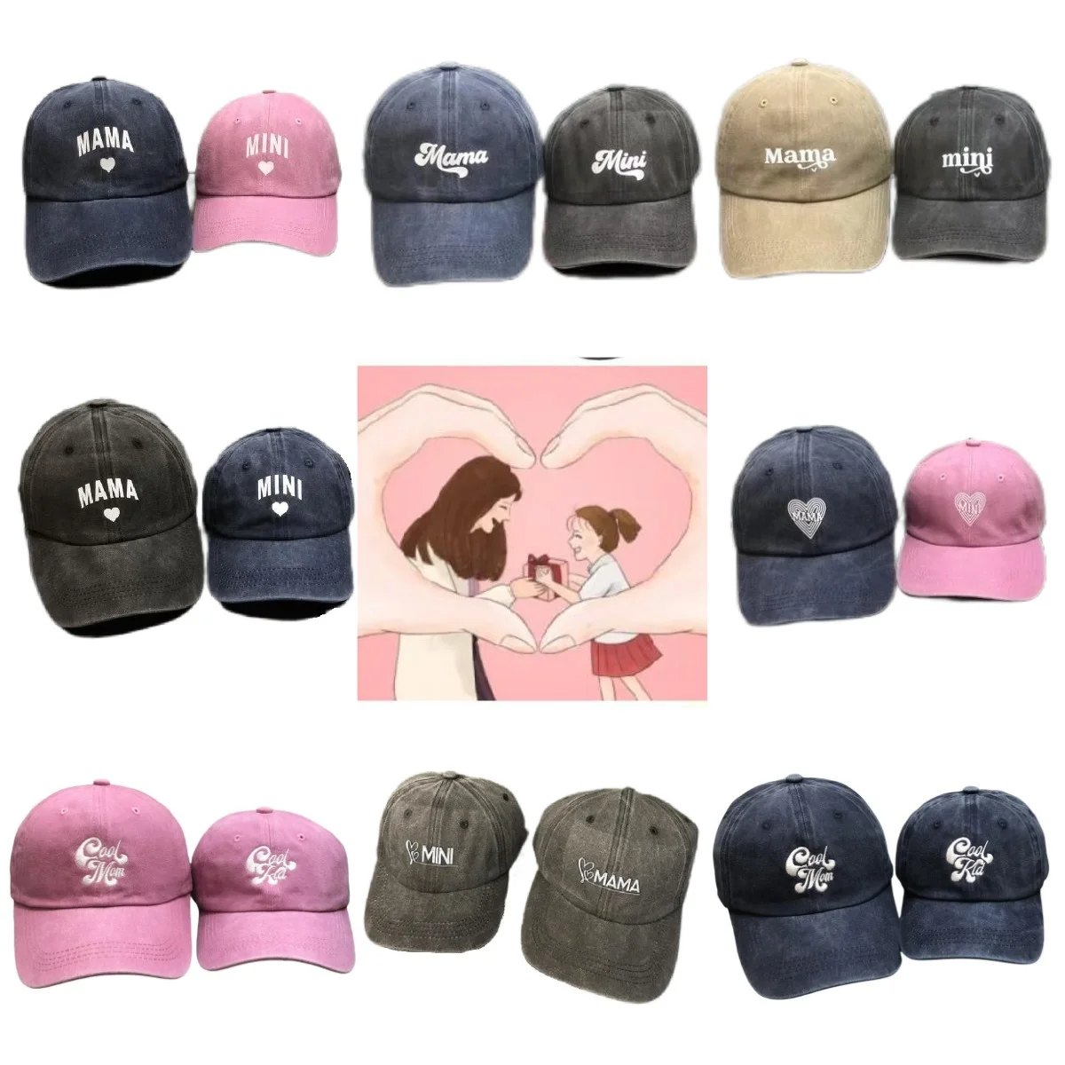2 Stücke MAMA MINI Brief Stickerei Baseball Caps für Frauen Mama Kind Retro Gewaschen Denim Cap Sport Visier Sonnenhut Muttertagsgeschenk Image