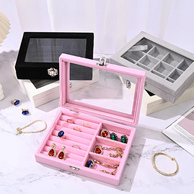 Samt-Schmuckschatulle, 4 Farben, Halskette, Ring, Aufbewahrungsorganisator, Reise-Schmuck-Organizer mit Glasdeckel oben, für Frauen und Mädchen, Geschenk Image