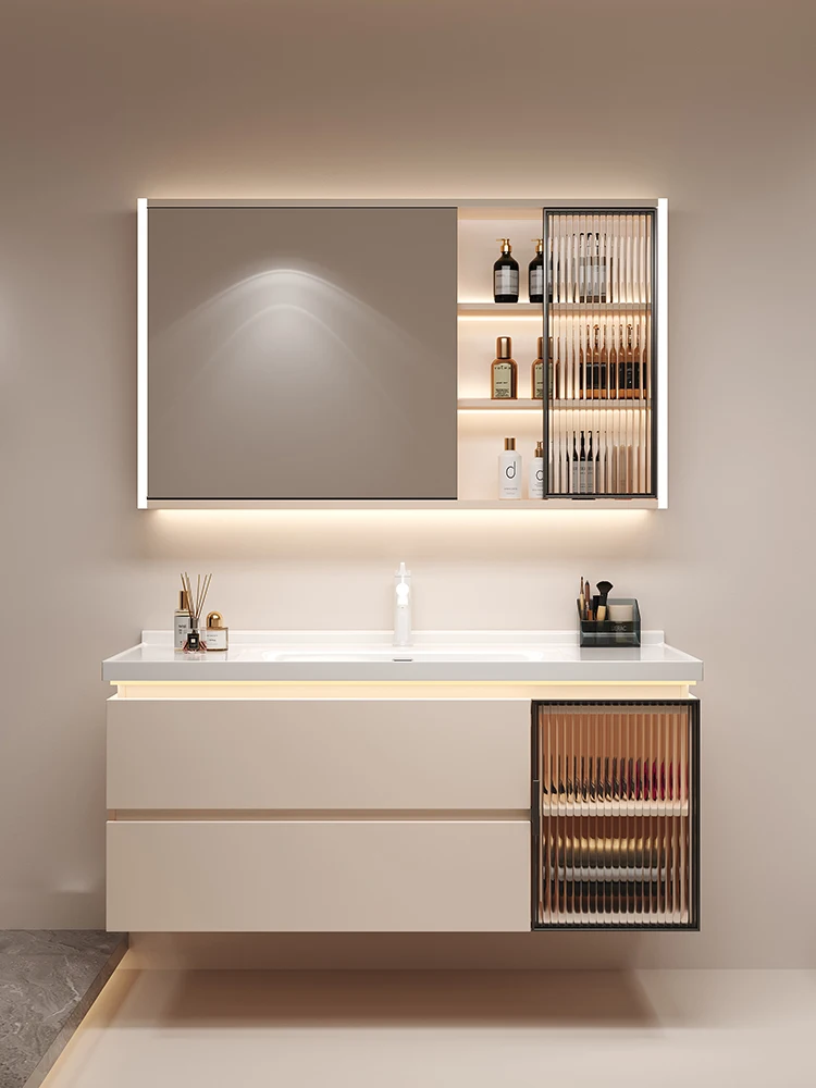 Cremefarbener Wind-Badezimmerschrank, integriertes Waschbecken aus Keramik, WC-Waschbecken-Kombination