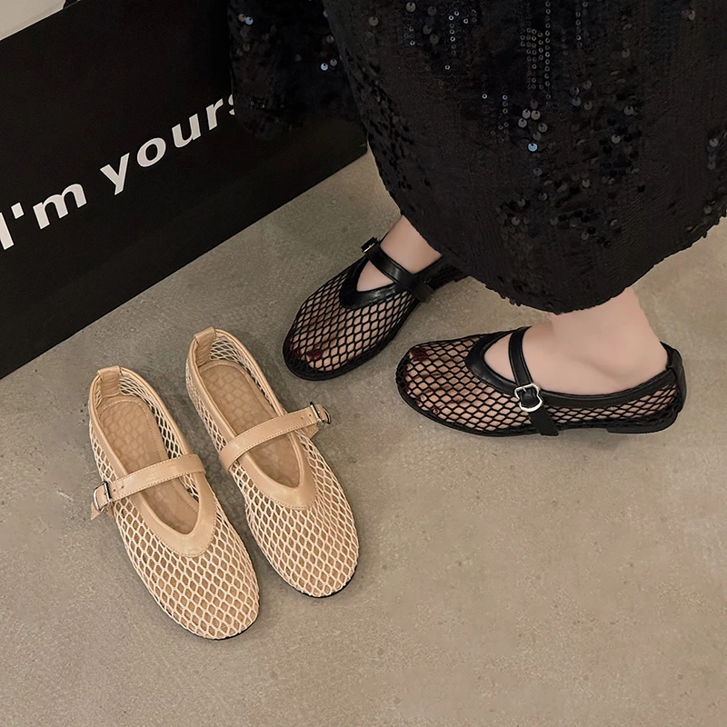 2024 sommer Aushöhlen Spitze Mesh Ballett Flache Schuhe Frauen Runde Kappe Slip Auf Casual Loafers Schuhe Elegante Kleid Einzelnen Schuhe femme