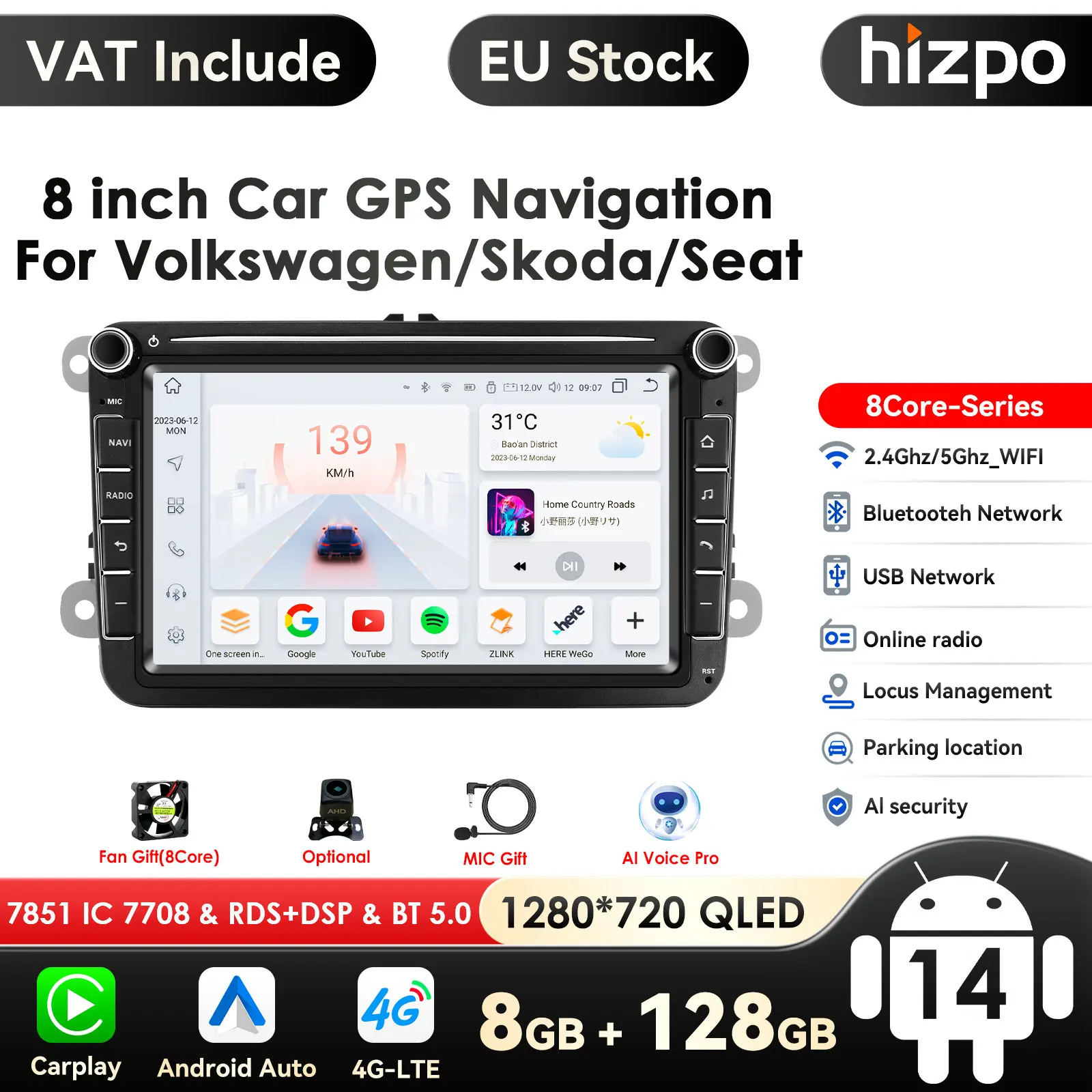 4G 2 Din Android 14 Auto-Multimedia-Player für VW Volkswagen Golf Polo Tiguan Passat B7 B6 SEAT Leon Skoda Octavia Radio GPS RDS Image