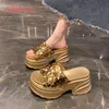 Aphixta Plattform Pailletten Tuch Sandalen Hausschuhe Frauen 8CM Hohe Keil Rutschen Frauen Schuhe Gold Strand Rutschen Schuhe