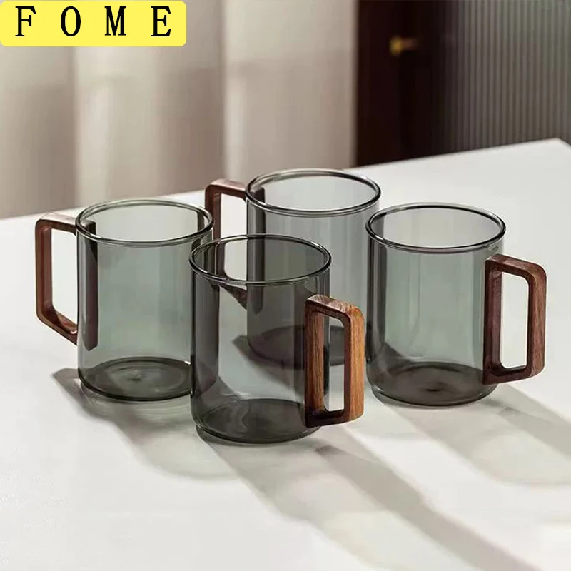 2/4/6 stücke Glas Tassen Mit Walnuss Griff 300 ml Kaffee Becher Wärme-beständig Tee, Der Tasse Haushalt büro Trinken Glasse Set