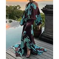 Elegantes Damenkleid mit Retro-Print, modisch, Neckholder, Raglanärmel, sexy, schulterfrei, Swing-Schlitzkleid, Frühlingsurlaub, neuer Stil