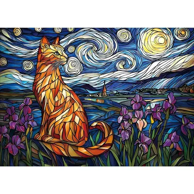 300/500/1000Pcs Starry Night and Cat Jigsaw Wooden Puzzle Perfect Gift for Beginners and Adult