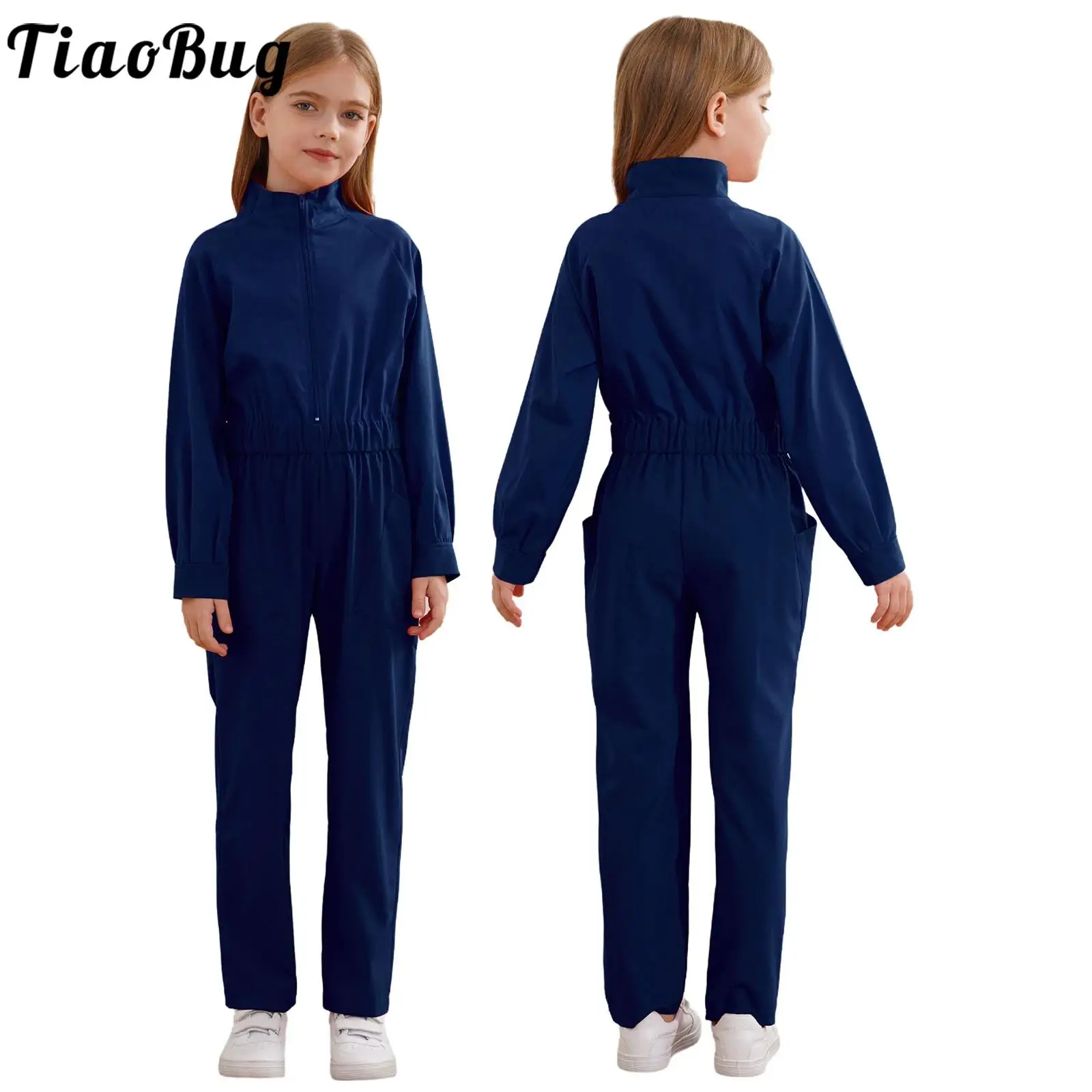 Combinaison de couleur unie pour enfants filles, combinaison de chaudière mécanique, combinaison de vol à manches longues avec fermeture éclair, taille élastique, barboteuse avec poches