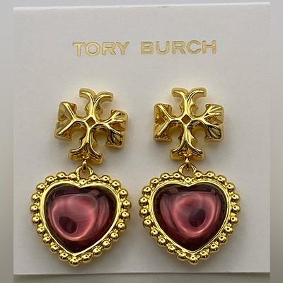 Tory Burch Jewelry | Tory Burch Roxanne Heart Drop Earrings - Gold Tone And W Purple Heart | Color: Gold/Purple | Size: Os