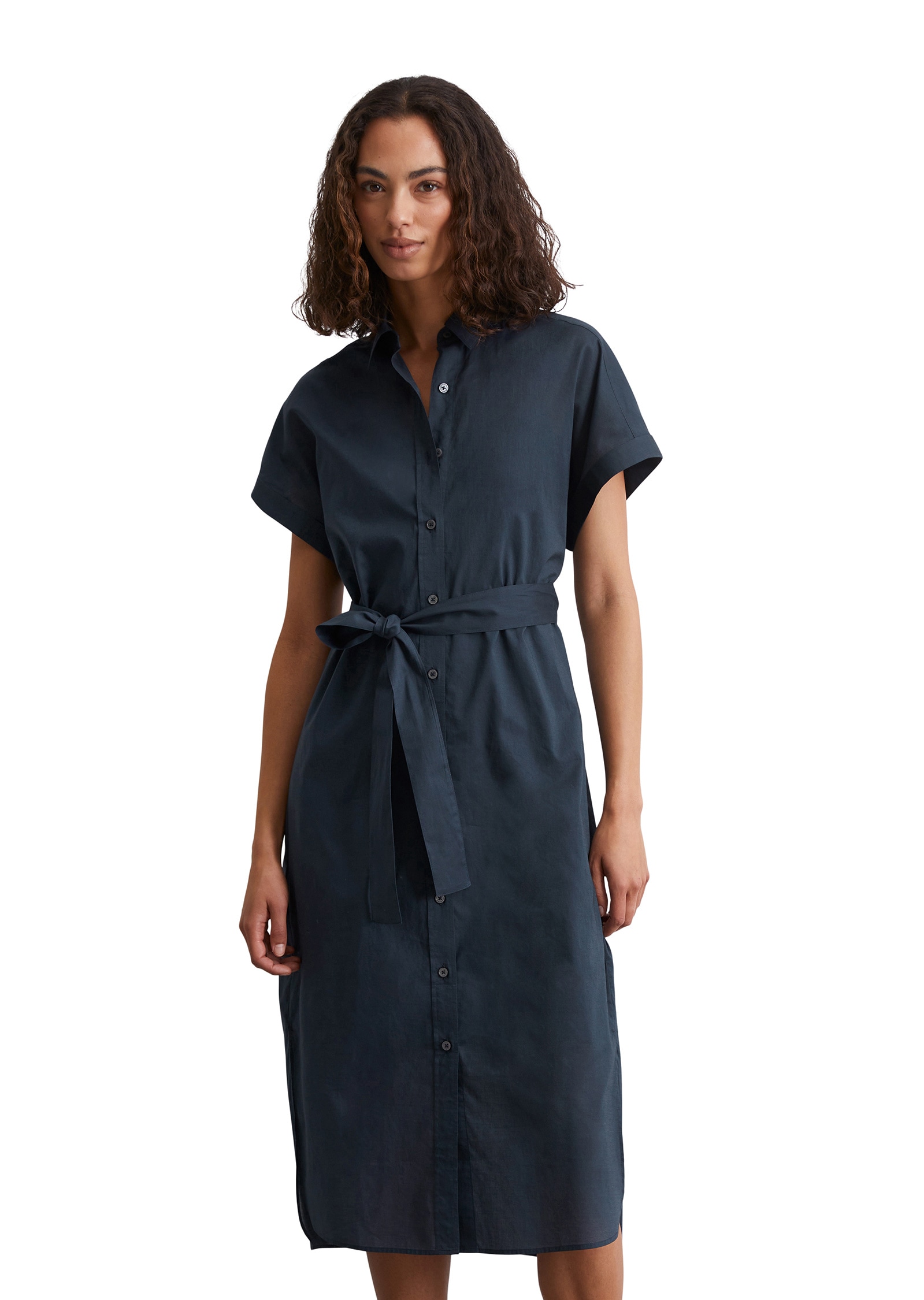 Hemdblusenkleid MARC O'POLO "aus leichtem Baumwoll-Voile", Damen, Gr. 40, Normalgrößen, blau (m886), Obermaterial: 100% Baumwolle; Futter: 100% Modal, unifarben, relaxed fit wadenlang, Kleider