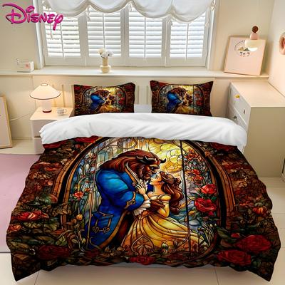 TEMU Valentine's Day Beauty And The 3pcs Bedding Set - Adorable And Soft, The Bedroom - With A Duvet Cover And 2 Pillowcases Featuring Character Designs For Valentine's Decoration. Image