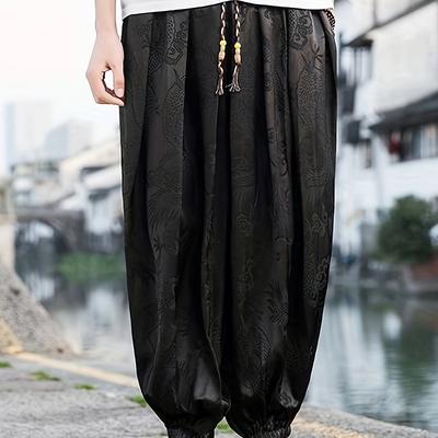 TEMU Xiang Longfei Obm Men's Long Pants, High-quality Loose Wide-leg Lantern Pants With Embroidered Dragon Jacquard Pattern Image