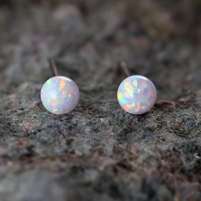 TEMU Elegant Vintage Style 925 Sterling Silver Stud Earrings With Synthetic Opal, Simple Polished Sphere Design, Gift Box Included - Suitable For And Special Occasions Image