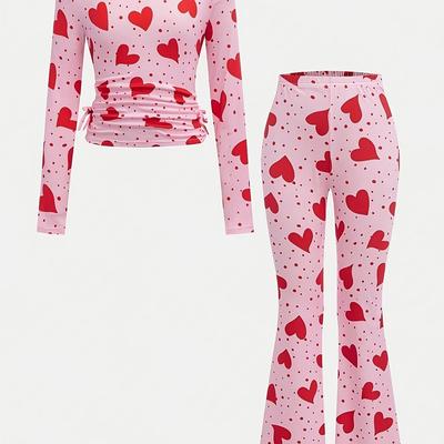 TEMU Girls 2pcs Set, Heart Pattern Long Sleeve T-shirt And Flare Pants, Polyester 95% Spandex 5% Knit Fabric, Crew Neck, , Spring/summer Casual Outfit, For Outdoor