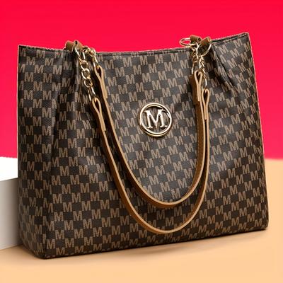 TEMU Handbag For Elegant City Women, M Text Print, Presbyopia Synthetic Leather With Fashionable M Hardware, Zipper Closure, Lightweight, Fixed Shoulder Strap, Polyester Lining, Suitable For Occasions Image