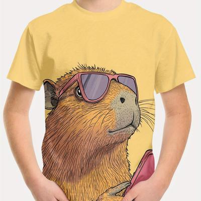 TEMU Stylish And Personality Pattern Printed Short Sleeve, Cool Capybara Glasses T-shirt: Create A Small , Casual Clothing, Summer Children's Clothing, Outdoor Sports T-shirt Image