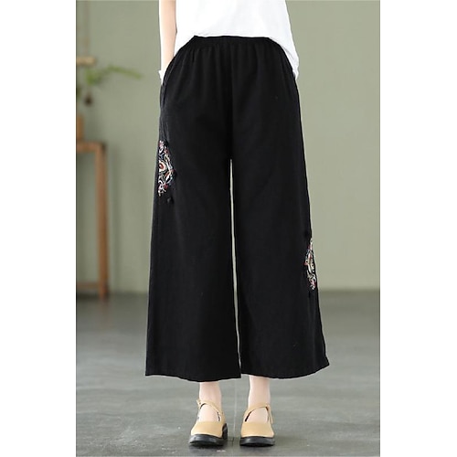 Femmes Pantalon en coton et lin Mode Streetwear Longueur complète Naturel Fleuri Broderie Avec Poches Taille Élastique Confortab