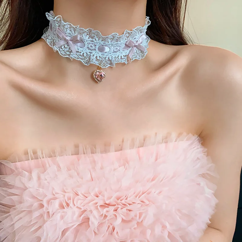 Sexy Spitze Kragen Halskette Damen Mode Rosa Und Schwarz Herz Bogen Knoten Choker Halskette Gothic Lolitas Schmuck Mädchen Geschenke