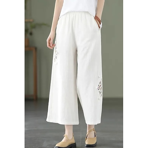 Damen Kunstbaumwollleinen Mode Streetwear Volle Länge Natürliche Taille Blumen Bestickt Tasche Elastischer Bund Bequem Außenbereich Outdoor Urlaub Ferien Aprikose Hellhimmelblau Grau Schwarz Sommer Image