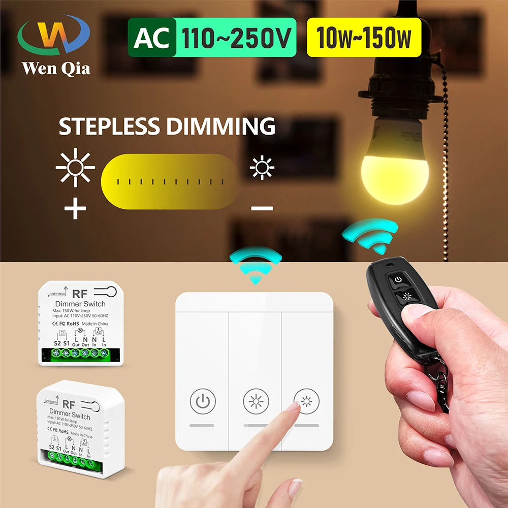 433 MHz kabelloser Dimmer, LED-Lichtschalter, AC 230 V, 220 V, 110 V, 10–150 W, dimmbarer Schalter, Fernmodul für LED-Birne, Halogenlampe