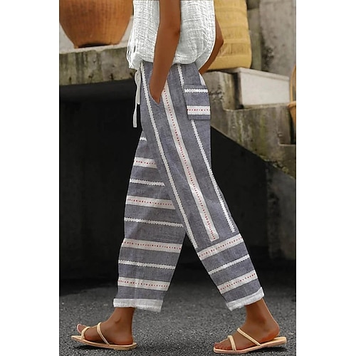 Damen Kunstbaumwollleinen Stoffhosen Lässig Volle Länge Natürliche Taille Blumen Tasche Drucken Elastisches Kordelzugdesign Bequem Straße Ausgehen Schwarzgrau Magenta Dunkelrot Pfauenblau Sommer Image