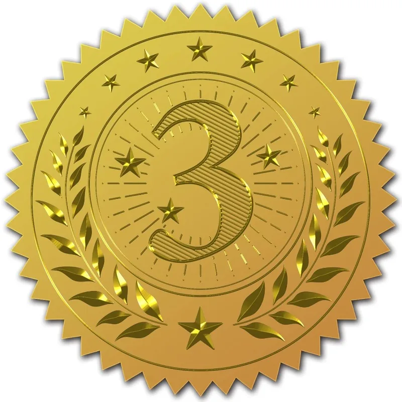 25 Blatt 2 "Goldfolie Aufkleber Medaille 3. Platz 100 stücke Zertifikat Siegel Gold geprägt runde geprägte Folie Siegel Aufkleber Image
