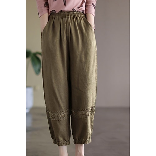 Damen Baumwoll Mischung Stoffhosen Lange Unterhosen Streetwear Knöchellang Natürliche Taille Einfach Spitze Patchwork Tasche Bequem Außenbereich Outdoor Straße Ferien Aprikose Grün Dunkelkaffee Sommer Image