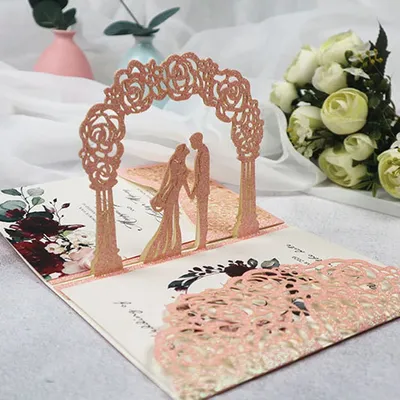 10 Pieces 3D Pop-Up Pink Glitter Wedding Invitations, Laser Cut Pocket Bride and Groom Customized