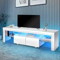 Meuble TV blanc moderne 160CM pour TV 32 à 65 pouces avec lumières LED rvb, porte haute brillance, meuble TV, meubles de salon