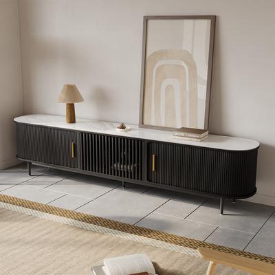 94.49"Mid-Century Modern Glossy Sintered Stone Tabletop TV Stand,Black Tambour Door Media Console,Rolling Door TV Console