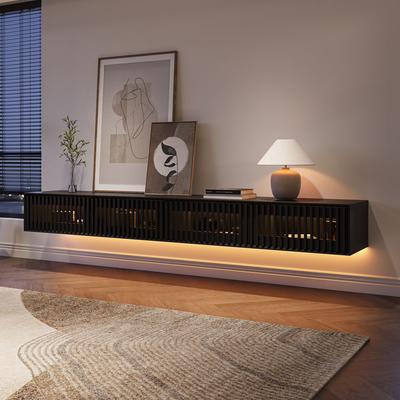 94" Mid-Century Floating TV Console with Adjustable LED Lights, Wall Mount TV Stand for 85-Inch TVs, TV Cabinet with Storage, Black TV Stand for Living Room